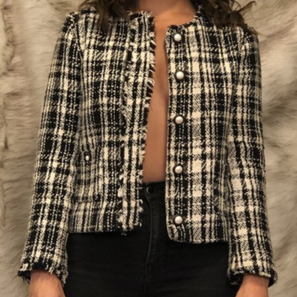 Classy Black and white pattern coat with pearls